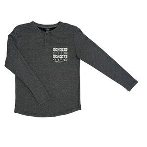 Volcom Men's Gray Long Sleeve Henley Shirt Sz S Pattern Pocket Surf Skate Casual